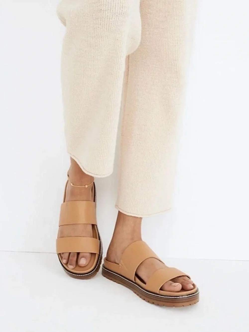 Madewell The Charley Double-Strap Camel Brown Leather Slide Sandals Size: 8.5